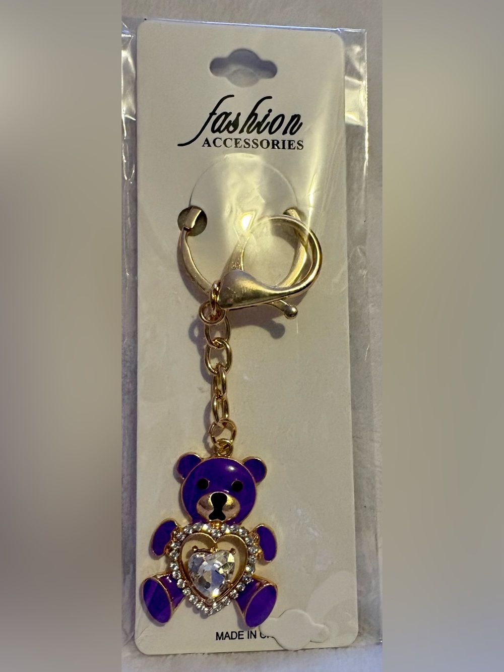 Accessorize Gold-Tone Keyring with Purple Teddy Bear Charm